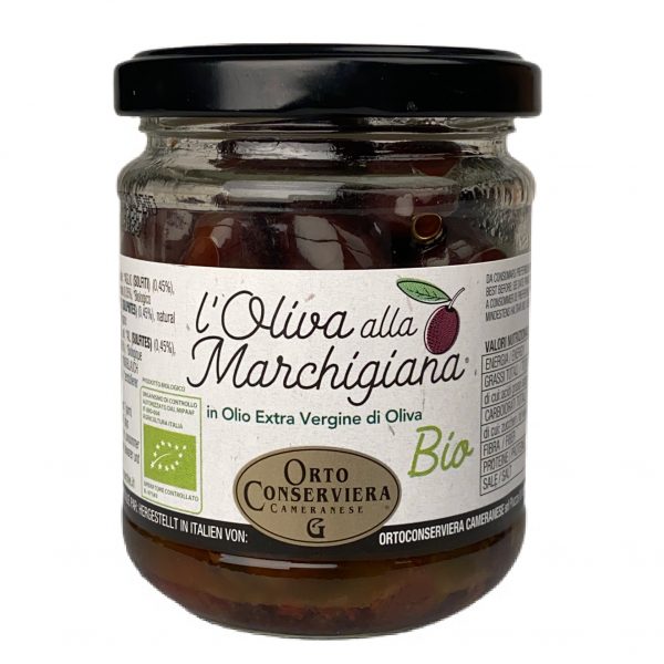 Seasoned black olives "alla Marchigiana" - organic