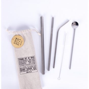 A set of eco-friendly metal straws in a cotton bag