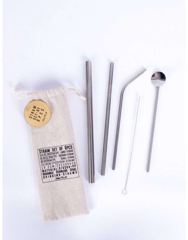 A set of eco-friendly metal straws in a cotton bag